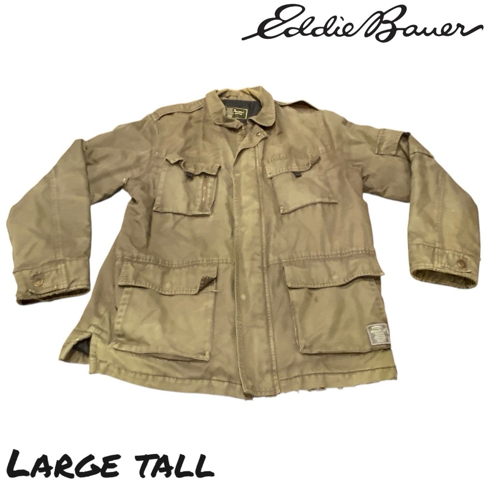 Vtg Eddie Bauer Chore Jacket Mens LARGE TALL Lined Green Full Zip Distressed Y2K